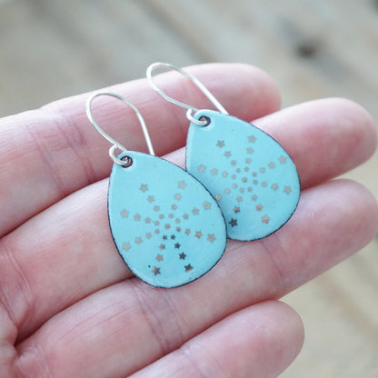 Silver Snowflakes on Light Blue Enamel Teardrop Earrings