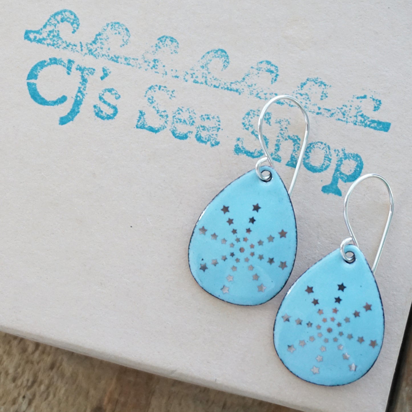 Silver Snowflakes on Light Blue Enamel Teardrop Earrings