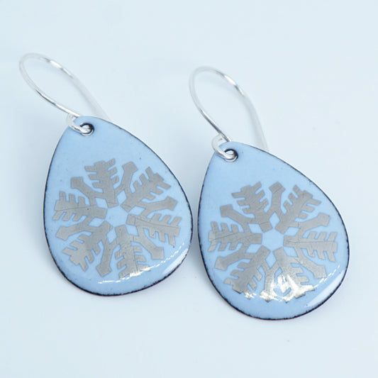 Silver Snowflakes on Pale Blue Enamel Teardrop Earrings