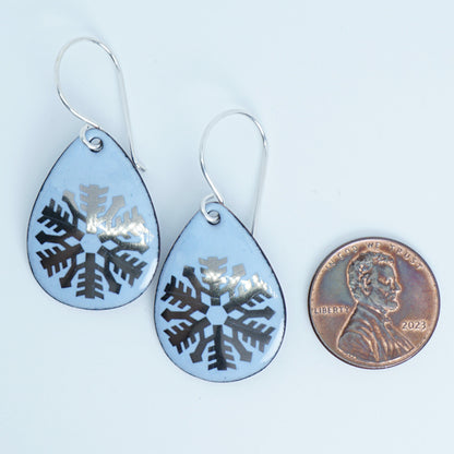 Silver Snowflakes on Pale Blue Enamel Teardrop Earrings