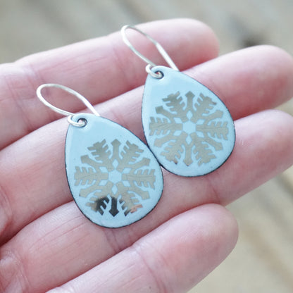 Silver Snowflakes on Pale Blue Enamel Teardrop Earrings