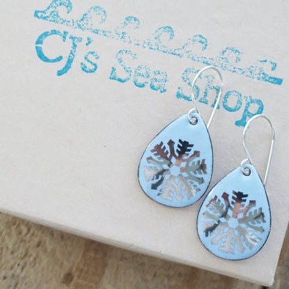 Silver Snowflakes on Pale Blue Enamel Teardrop Earrings