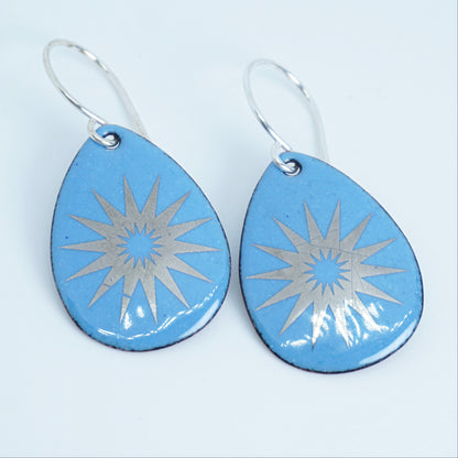 Silver Snowflakes on Blue Enamel Teardrop Earrings