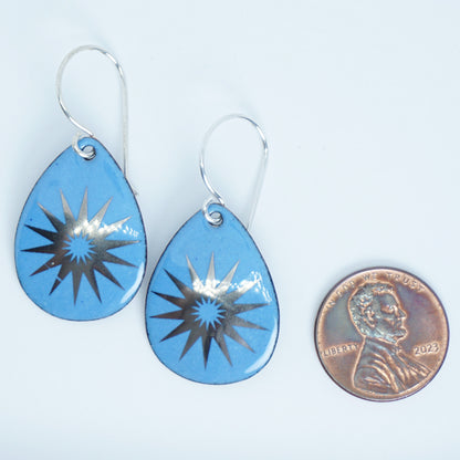 Silver Snowflakes on Blue Enamel Teardrop Earrings