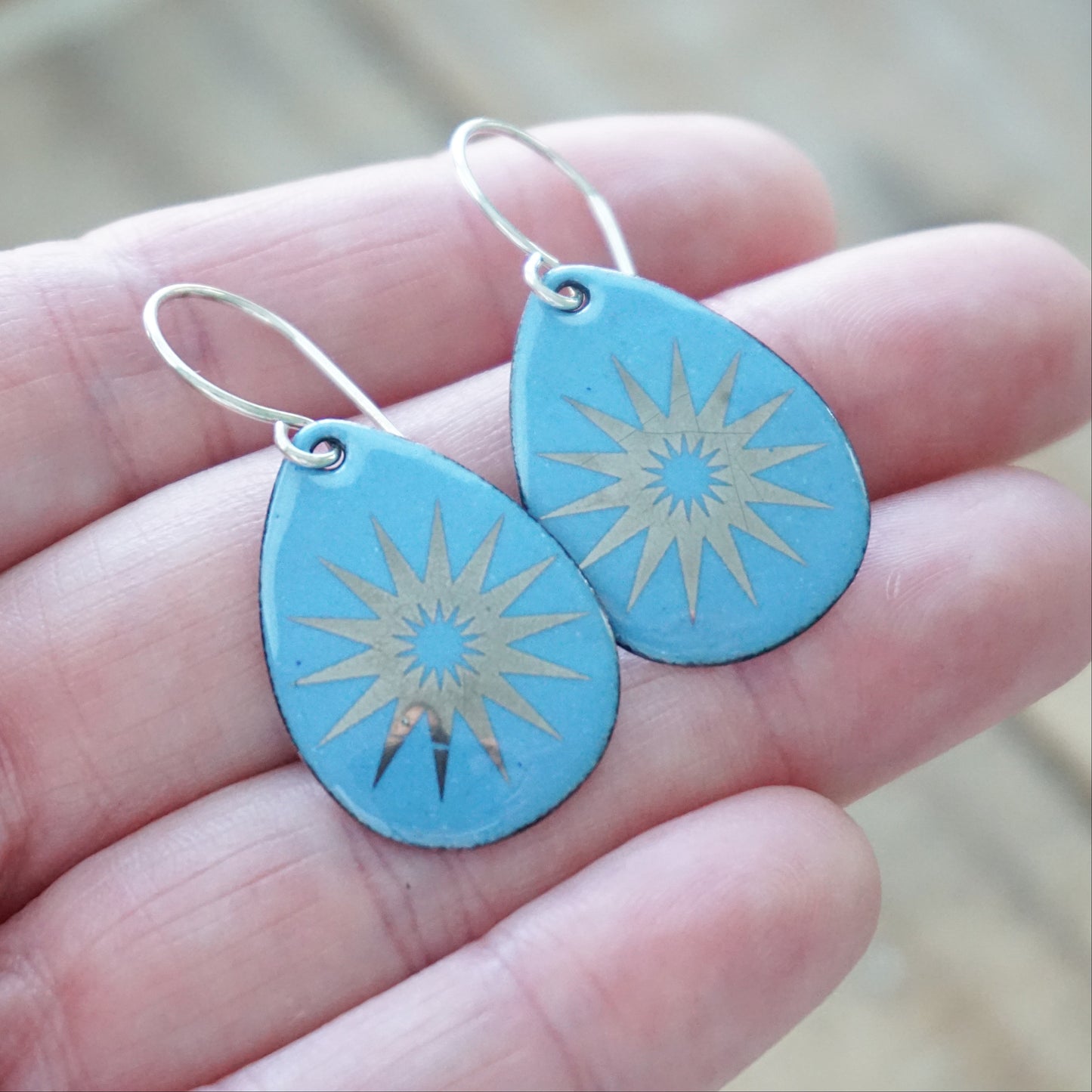 Silver Snowflakes on Blue Enamel Teardrop Earrings