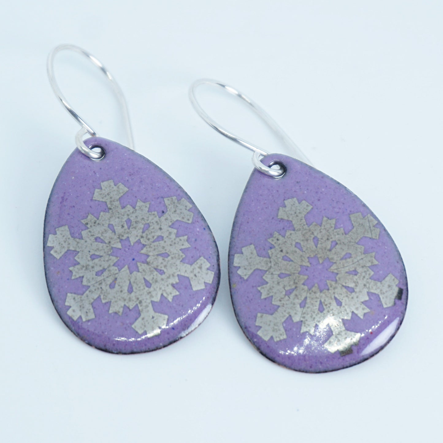 Silver Snowflakes on Purple Enamel Teardrop Earrings