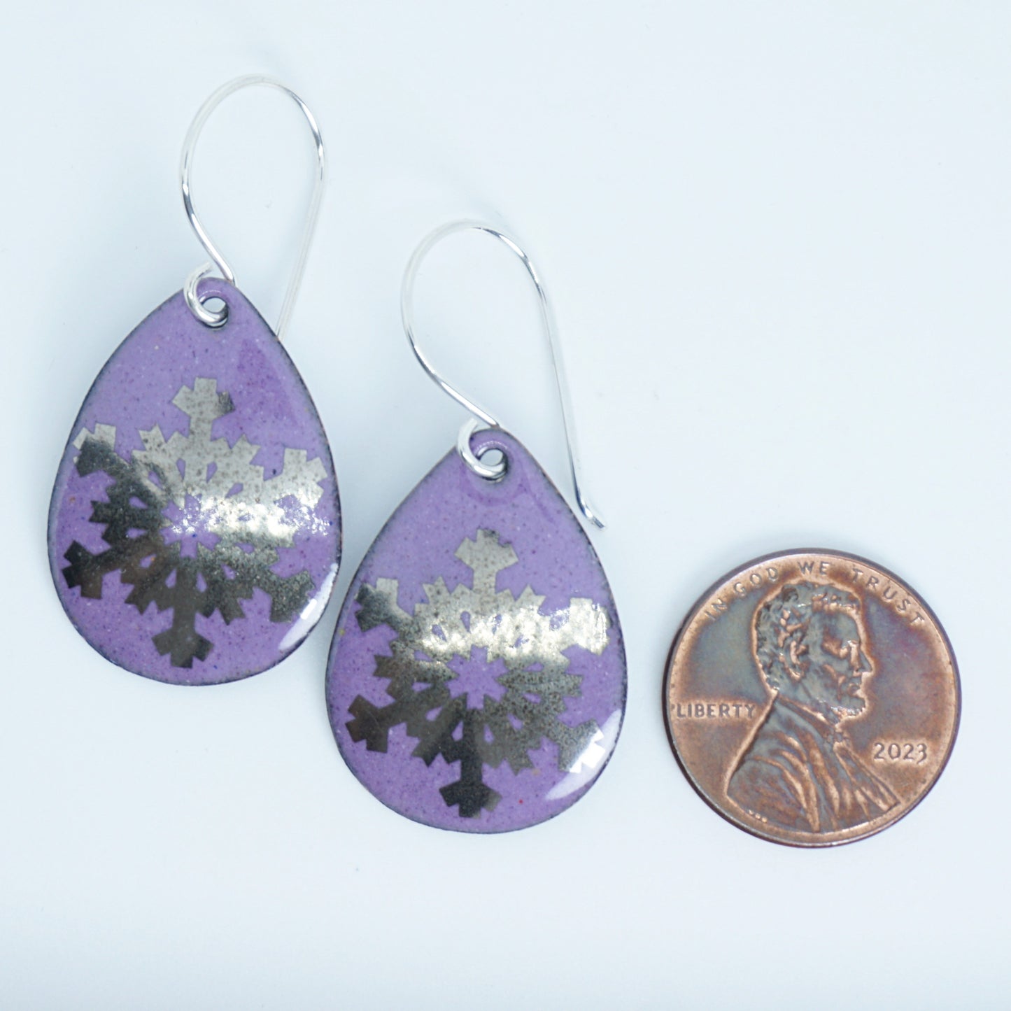 Silver Snowflakes on Purple Enamel Teardrop Earrings