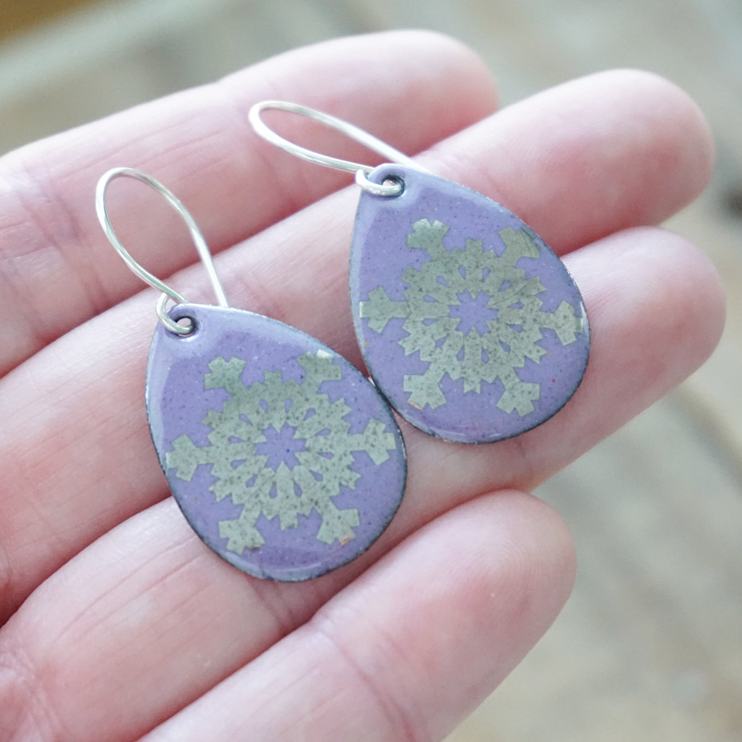 Silver Snowflakes on Purple Enamel Teardrop Earrings