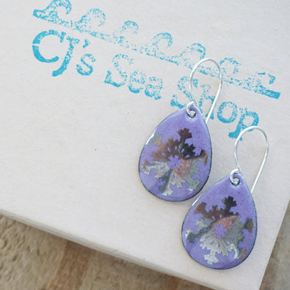 Silver Snowflakes on Purple Enamel Teardrop Earrings