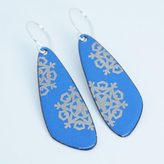 Silver Snowflakes on Cobalt Blue Enamel Teardrop Earrings