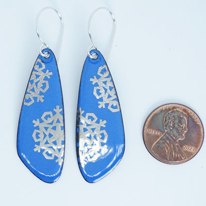 Silver Snowflakes on Cobalt Blue Enamel Teardrop Earrings