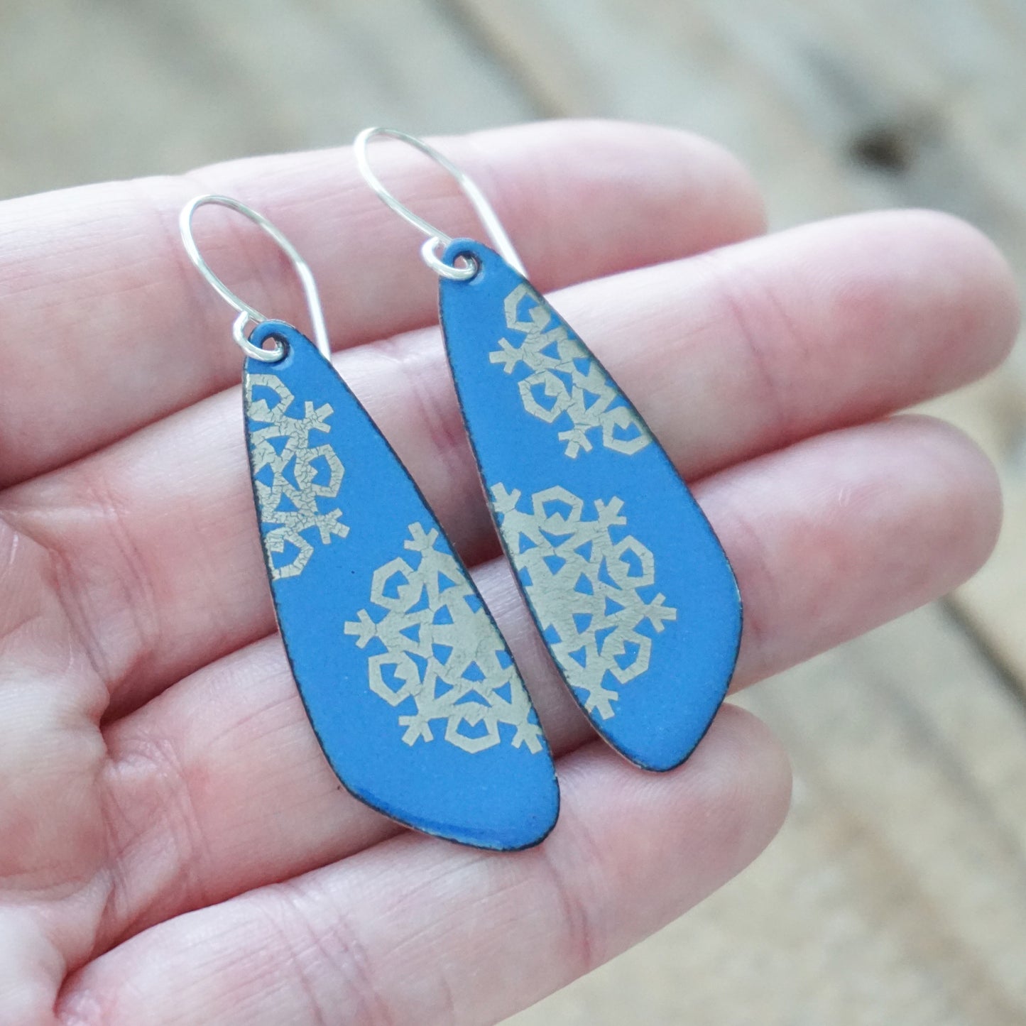 Silver Snowflakes on Cobalt Blue Enamel Teardrop Earrings