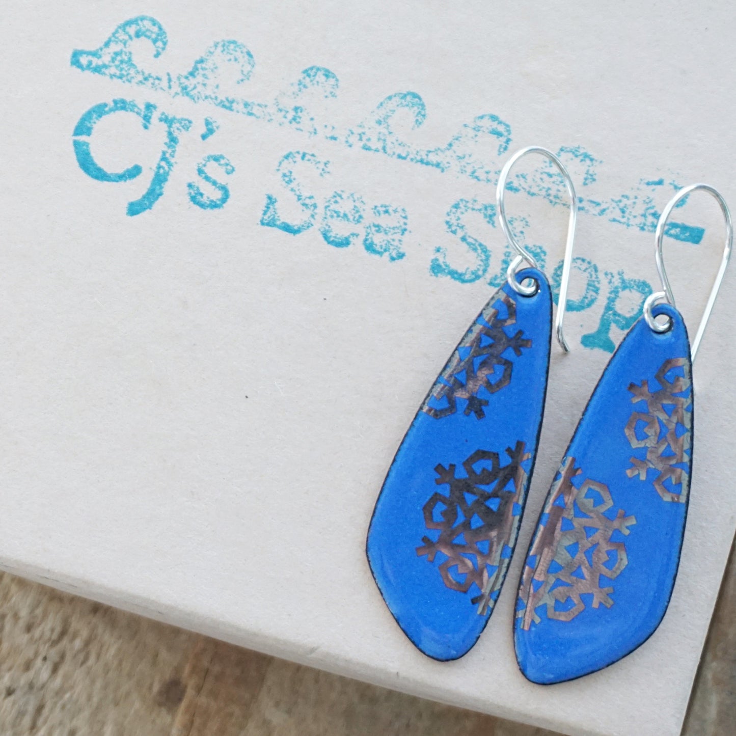 Silver Snowflakes on Cobalt Blue Enamel Teardrop Earrings