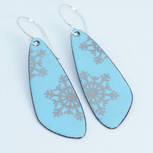 Silver Snowflakes on Light Blue Enamel Teardrop Earrings