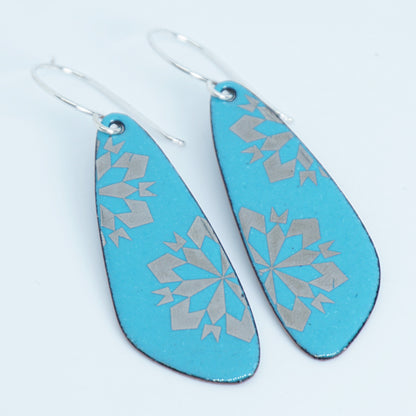 Silver Snowflakes on Teal Green Enamel Teardrop Earrings