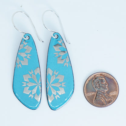 Silver Snowflakes on Teal Green Enamel Teardrop Earrings