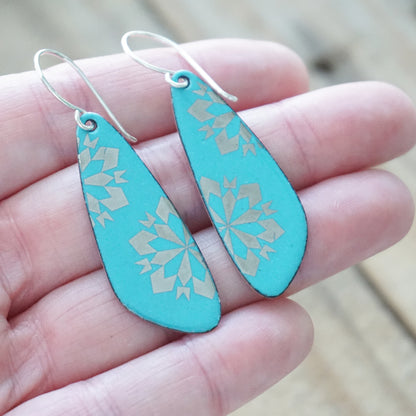 Silver Snowflakes on Teal Green Enamel Teardrop Earrings