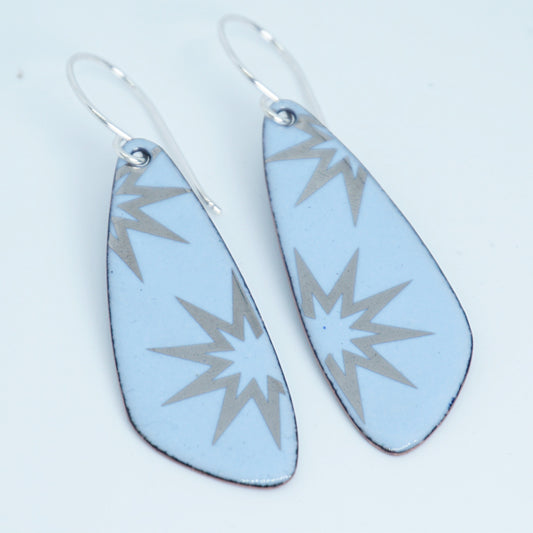 Silver Snowflakes on Pale Blue Enamel Teardrop Earrings