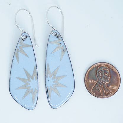 Silver Snowflakes on Pale Blue Enamel Teardrop Earrings