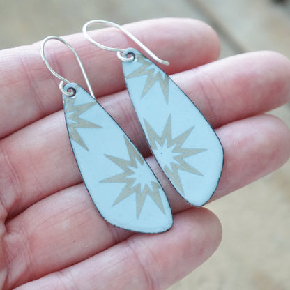 Silver Snowflakes on Pale Blue Enamel Teardrop Earrings