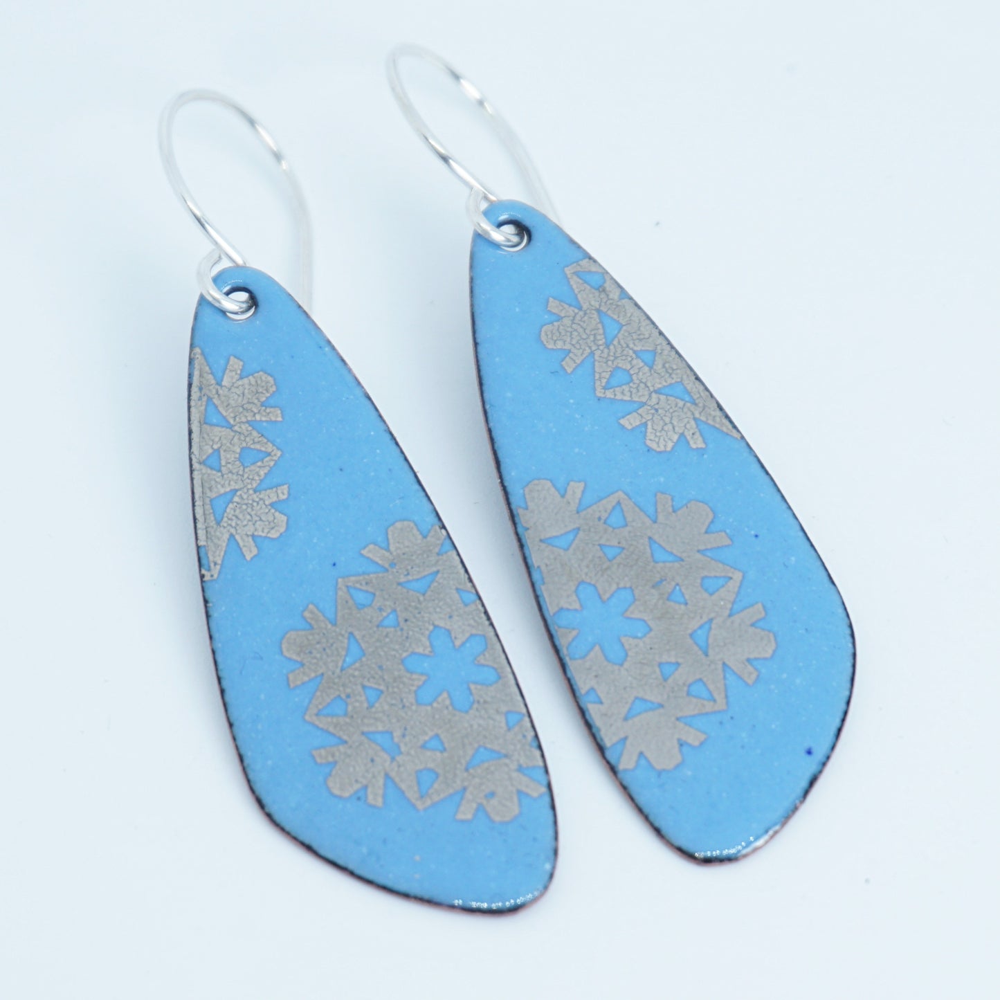 Silver Snowflakes on Blue Enamel Teardrop Earrings