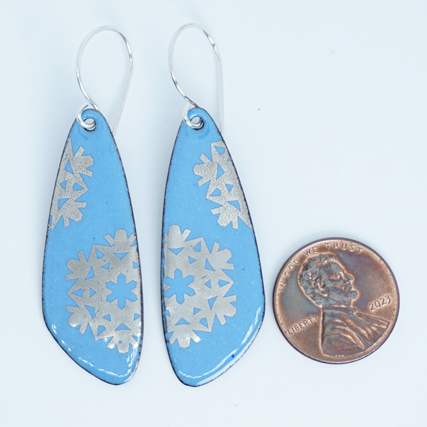 Silver Snowflakes on Blue Enamel Teardrop Earrings