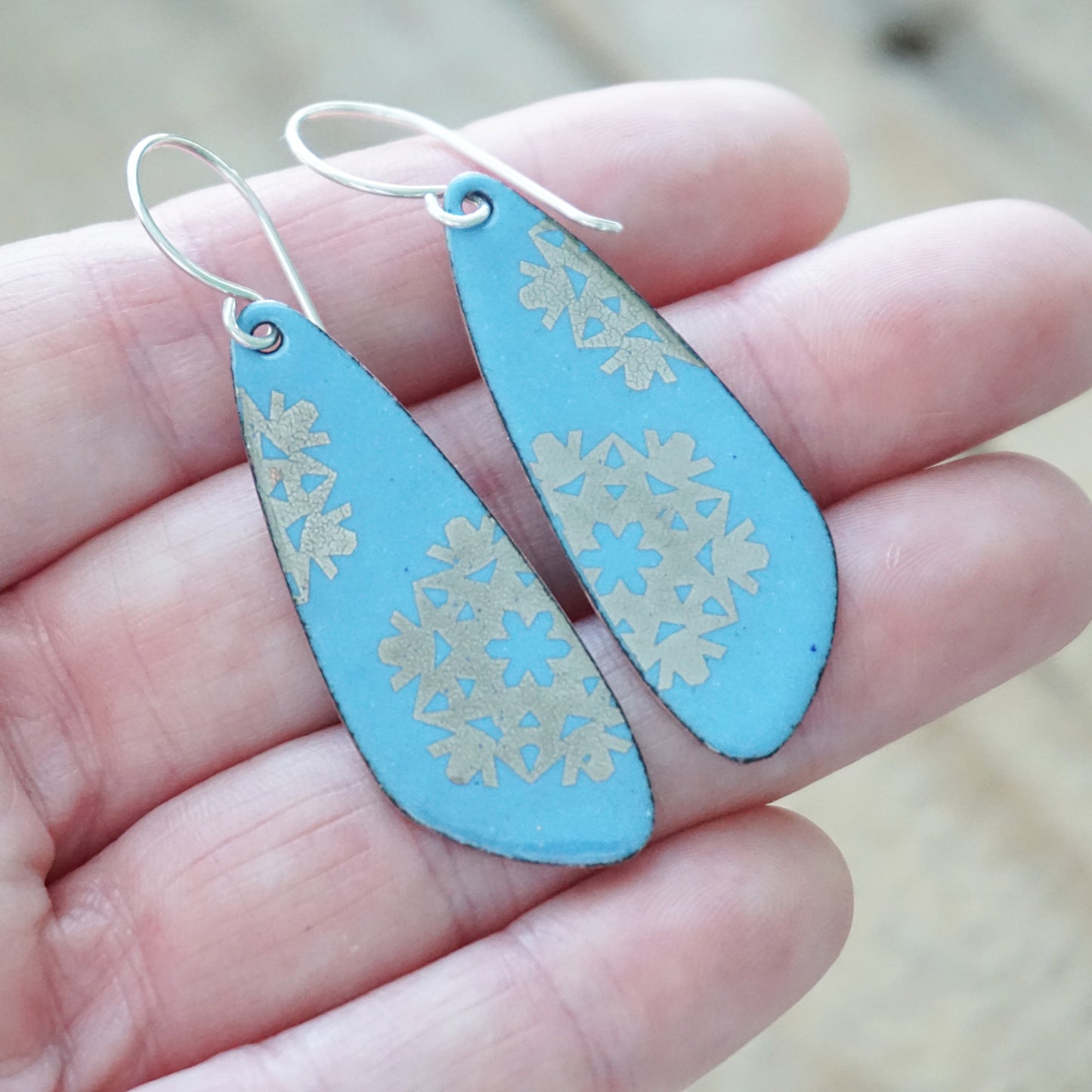 Silver Snowflakes on Blue Enamel Teardrop Earrings