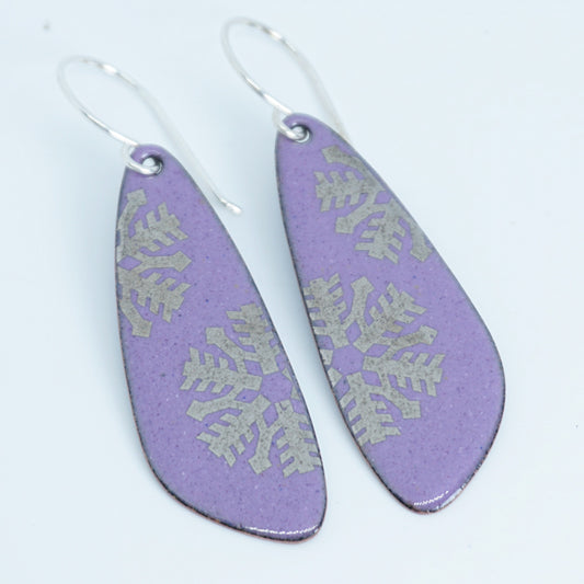 Silver Snowflakes on Purple Enamel Teardrop Earrings