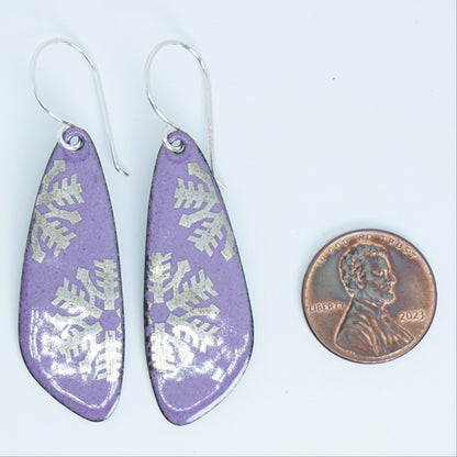 Silver Snowflakes on Purple Enamel Teardrop Earrings