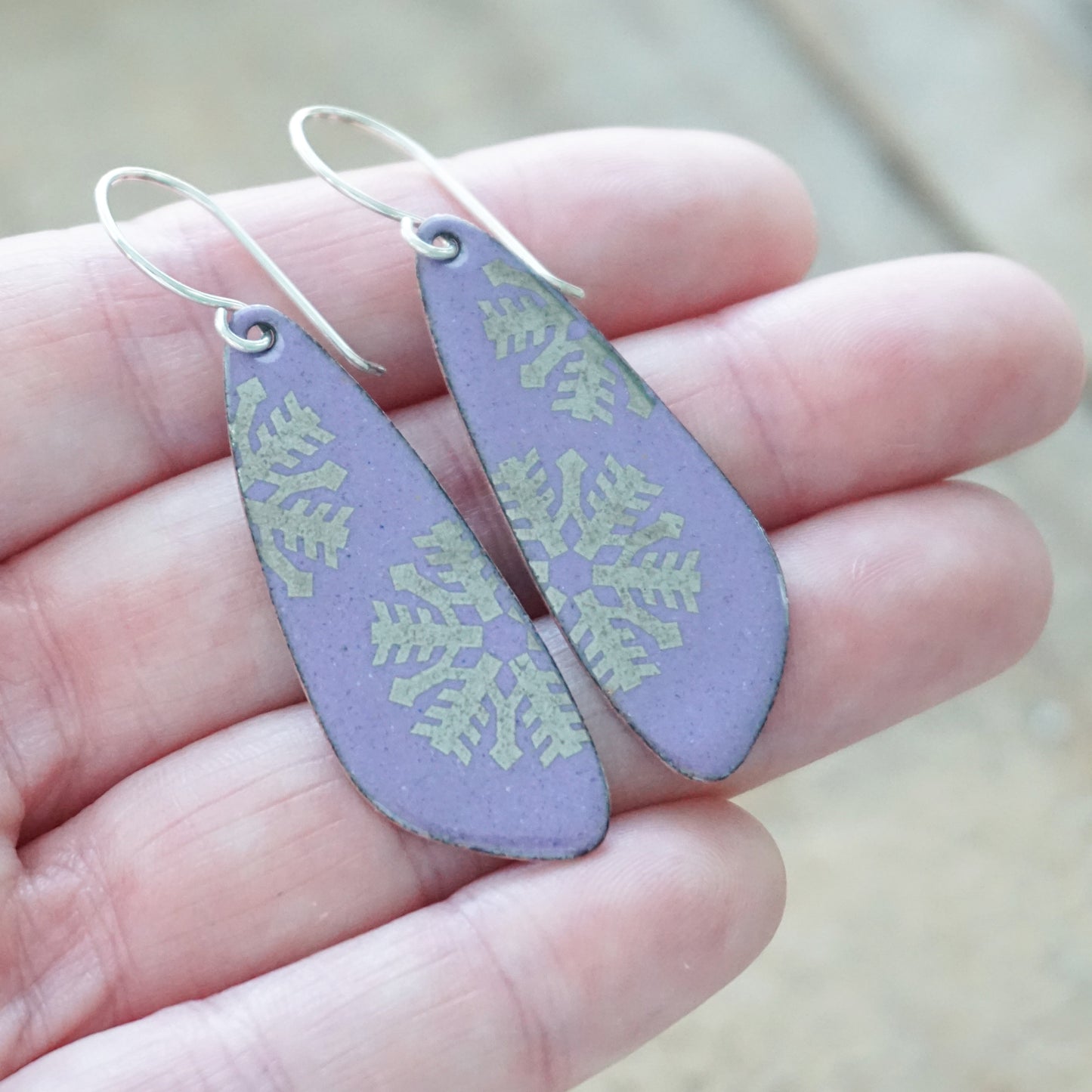 Silver Snowflakes on Purple Enamel Teardrop Earrings