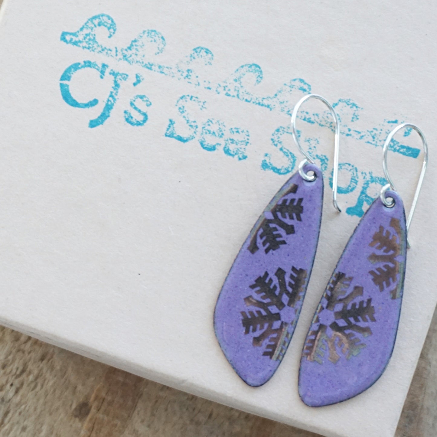 Silver Snowflakes on Purple Enamel Teardrop Earrings