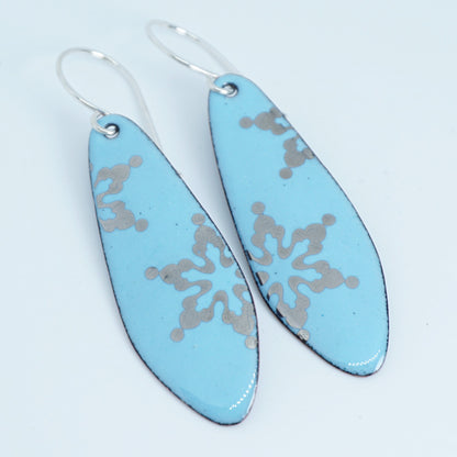 Silver Snowflakes on Light Blue Enamel Teardrop Earrings