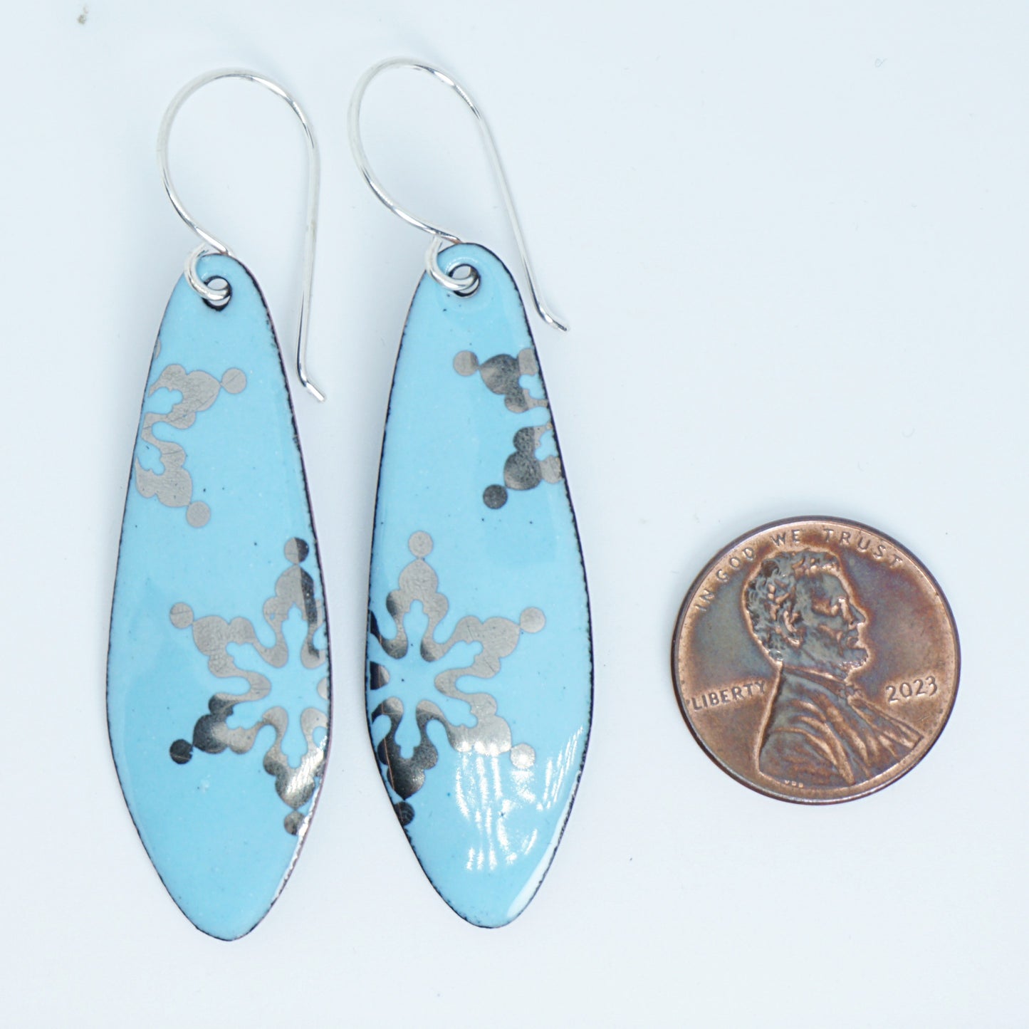 Silver Snowflakes on Light Blue Enamel Teardrop Earrings