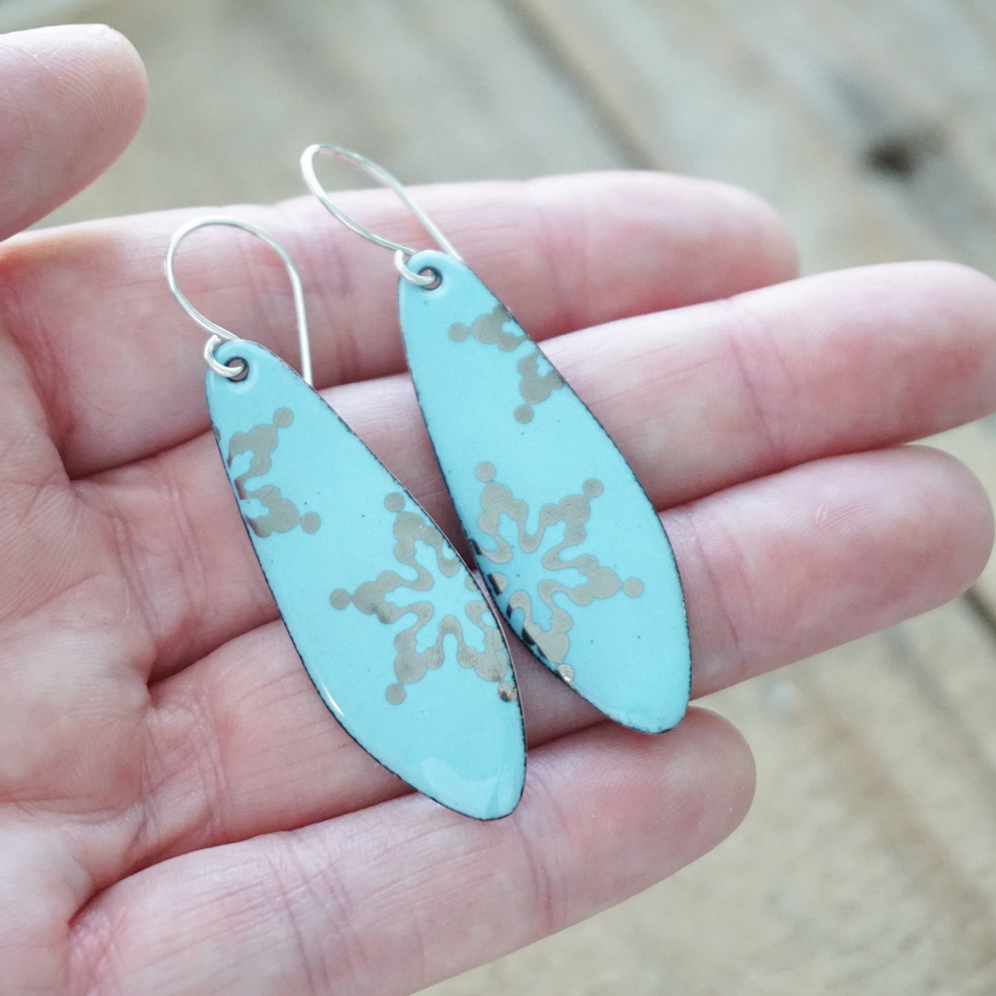 Silver Snowflakes on Light Blue Enamel Teardrop Earrings