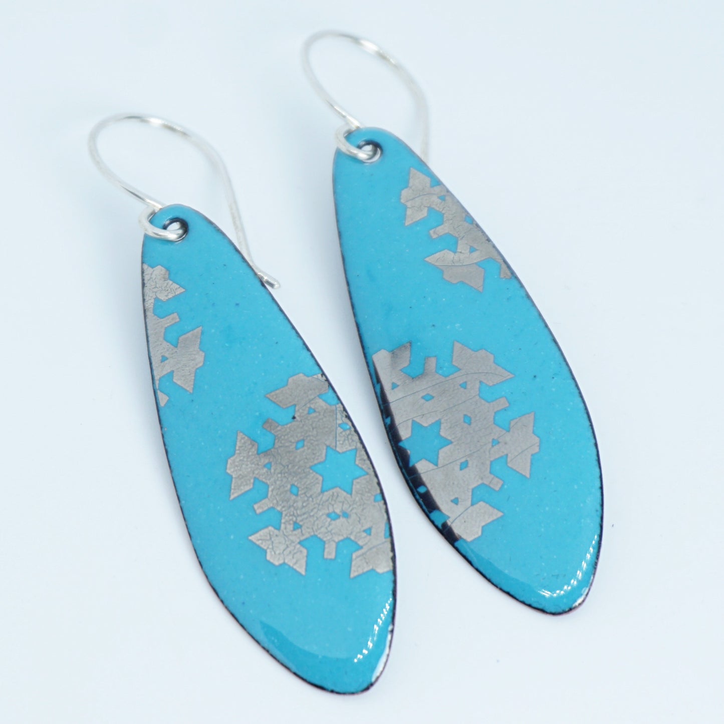 Silver Snowflakes on Teal Green Enamel Teardrop Earrings