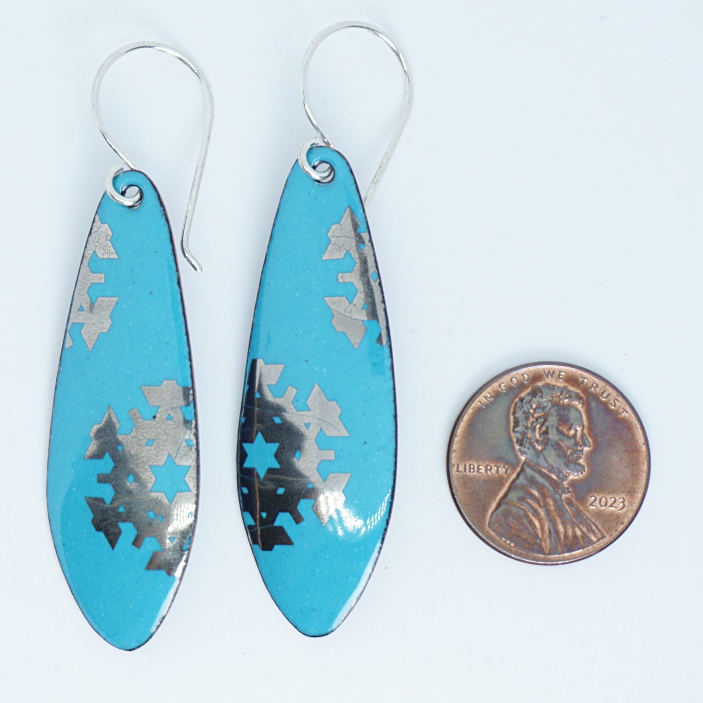 Silver Snowflakes on Teal Green Enamel Teardrop Earrings