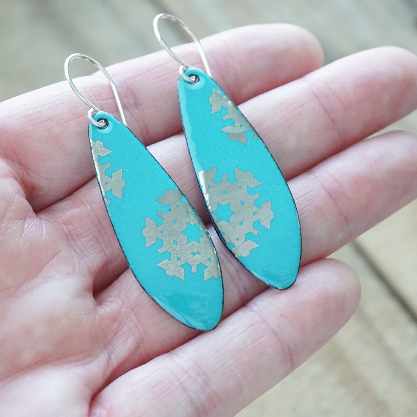 Silver Snowflakes on Teal Green Enamel Teardrop Earrings