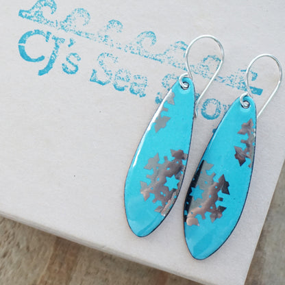 Silver Snowflakes on Teal Green Enamel Teardrop Earrings