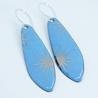 Silver Snowflakes on Blue Enamel Teardrop Earrings