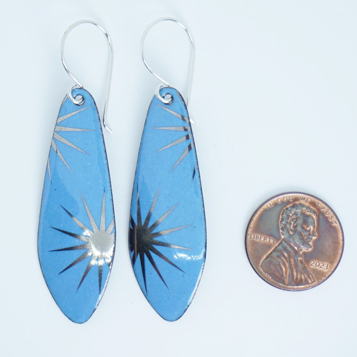 Silver Snowflakes on Blue Enamel Teardrop Earrings