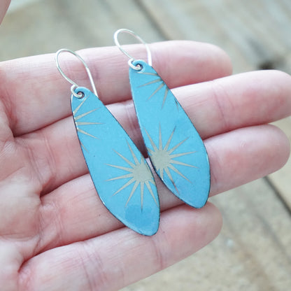 Silver Snowflakes on Blue Enamel Teardrop Earrings