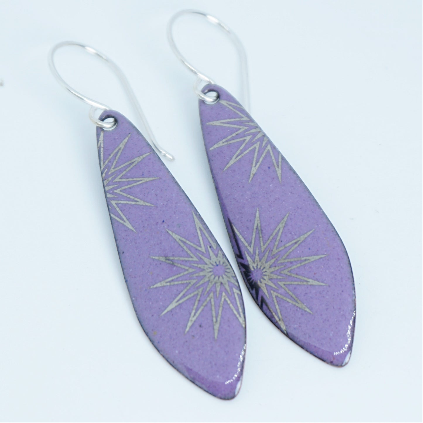 Silver Snowflakes on Purple Enamel Teardrop Earrings