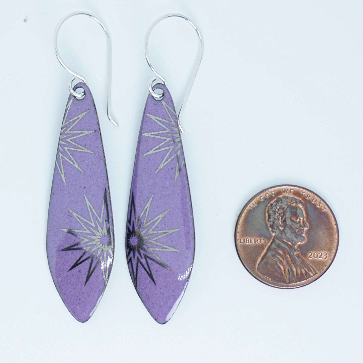 Silver Snowflakes on Purple Enamel Teardrop Earrings