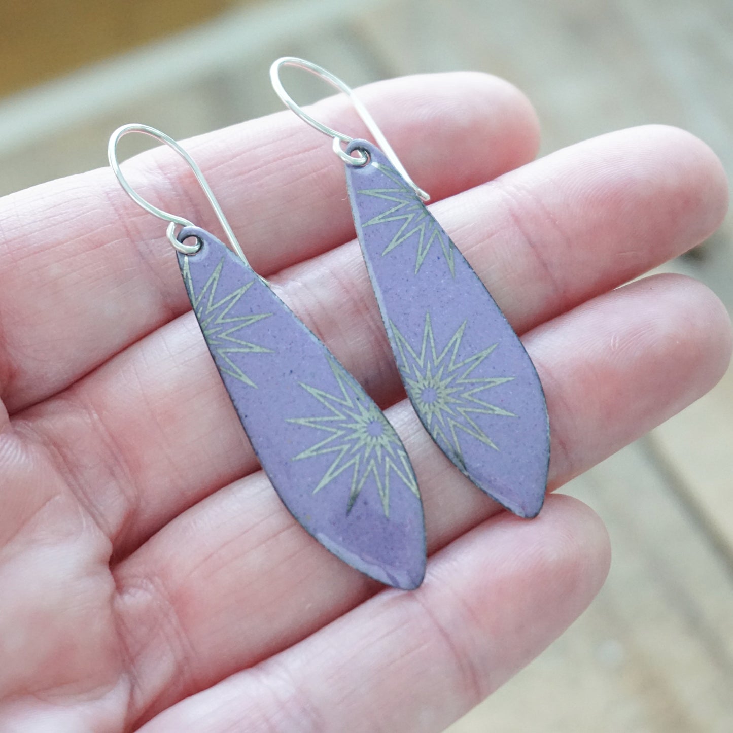 Silver Snowflakes on Purple Enamel Teardrop Earrings