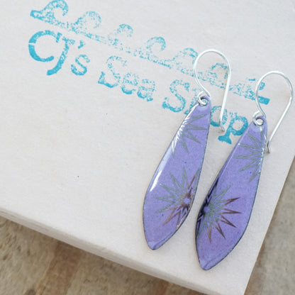 Silver Snowflakes on Purple Enamel Teardrop Earrings