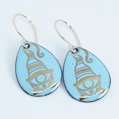 Gold Gnomes on Light Blue Enamel Teardrop Earrings