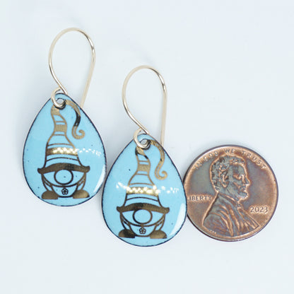 Gold Gnomes on Light Blue Enamel Teardrop Earrings