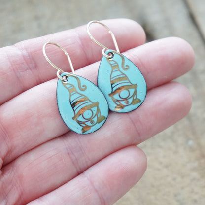 Gold Gnomes on Light Blue Enamel Teardrop Earrings