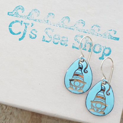 Gold Gnomes on Light Blue Enamel Teardrop Earrings