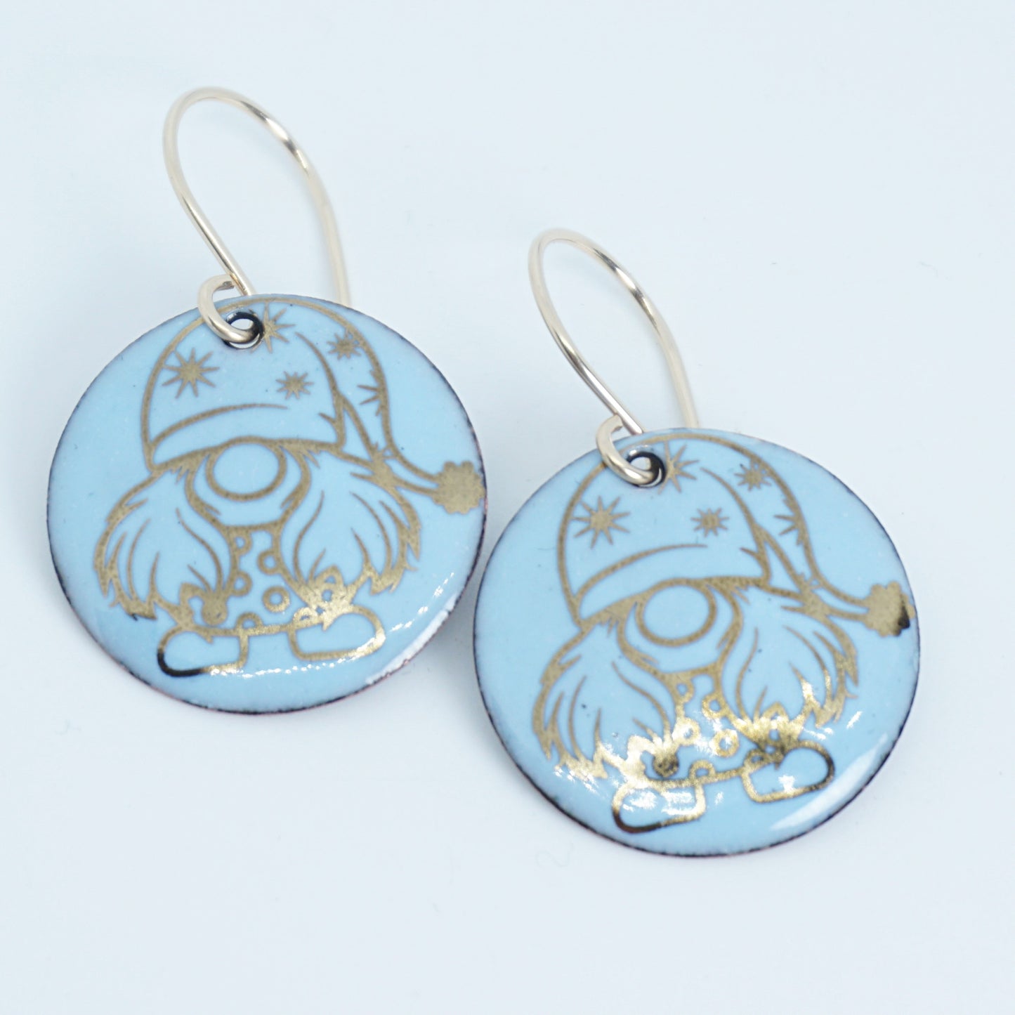 Gold Gnomes on Light Blue Enamel Disc Earrings